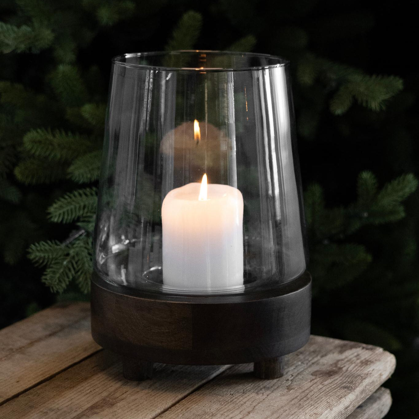 sögne candle holder in glass and rustic brown acacia wood
